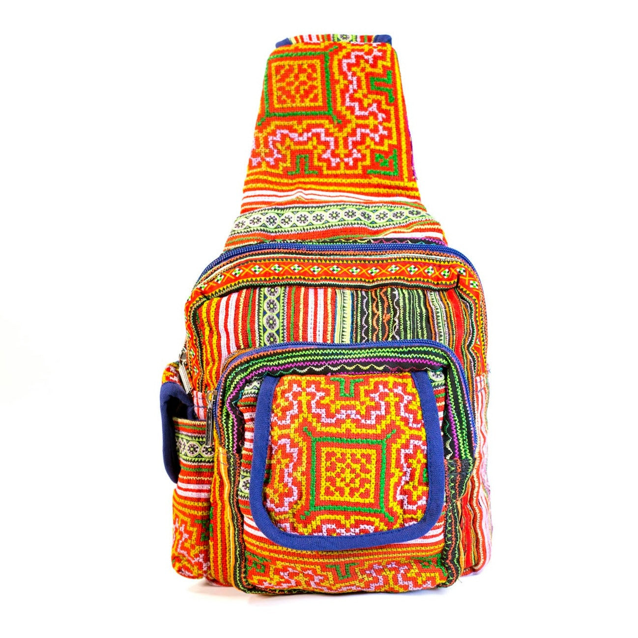 Boho-style linen, embroidery Sling bag, H'mong tribal pattern in ORANGE with blue trim