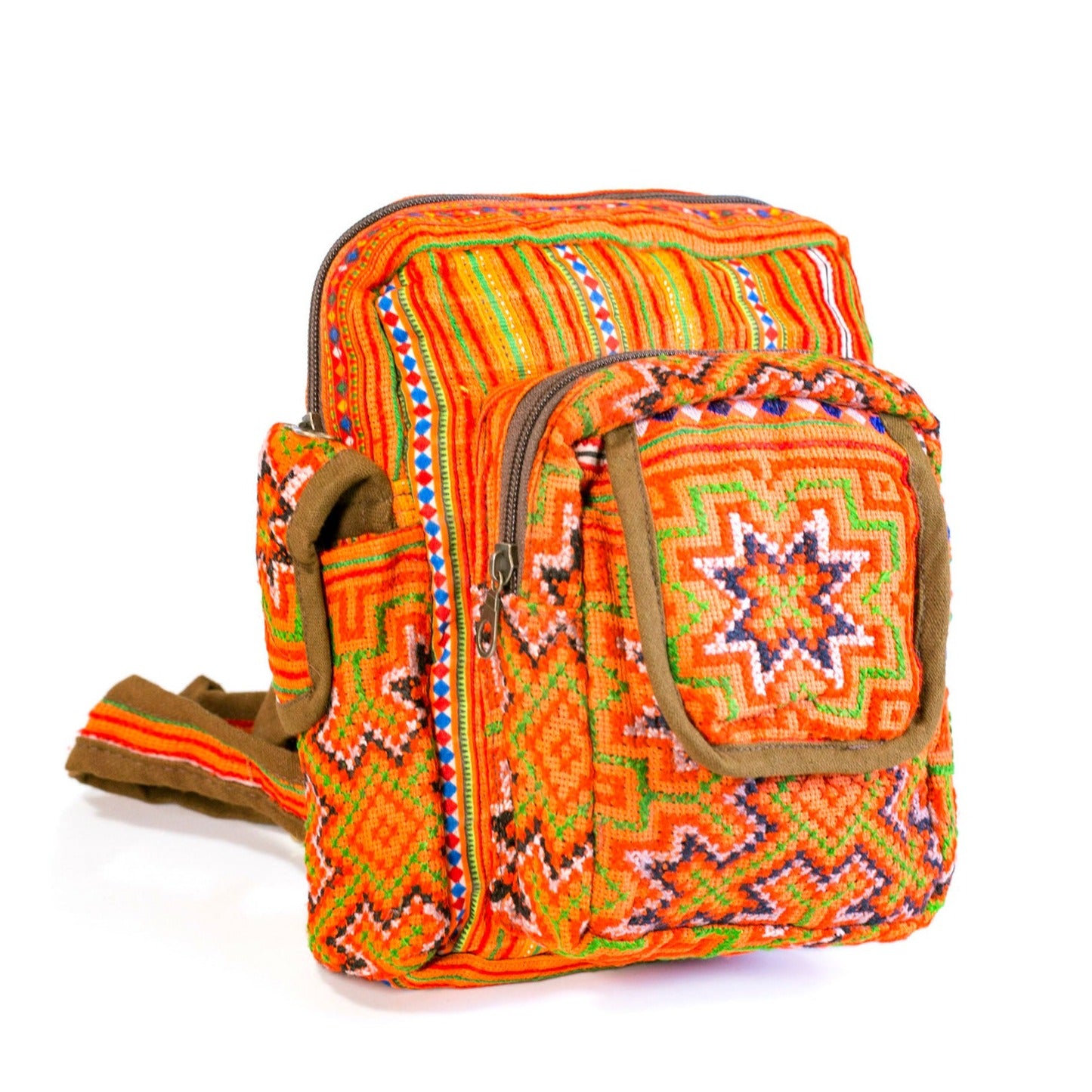 Boho-style linen, embroidery Sling bag, H'mong tribal pattern in ORANGE with brown trim