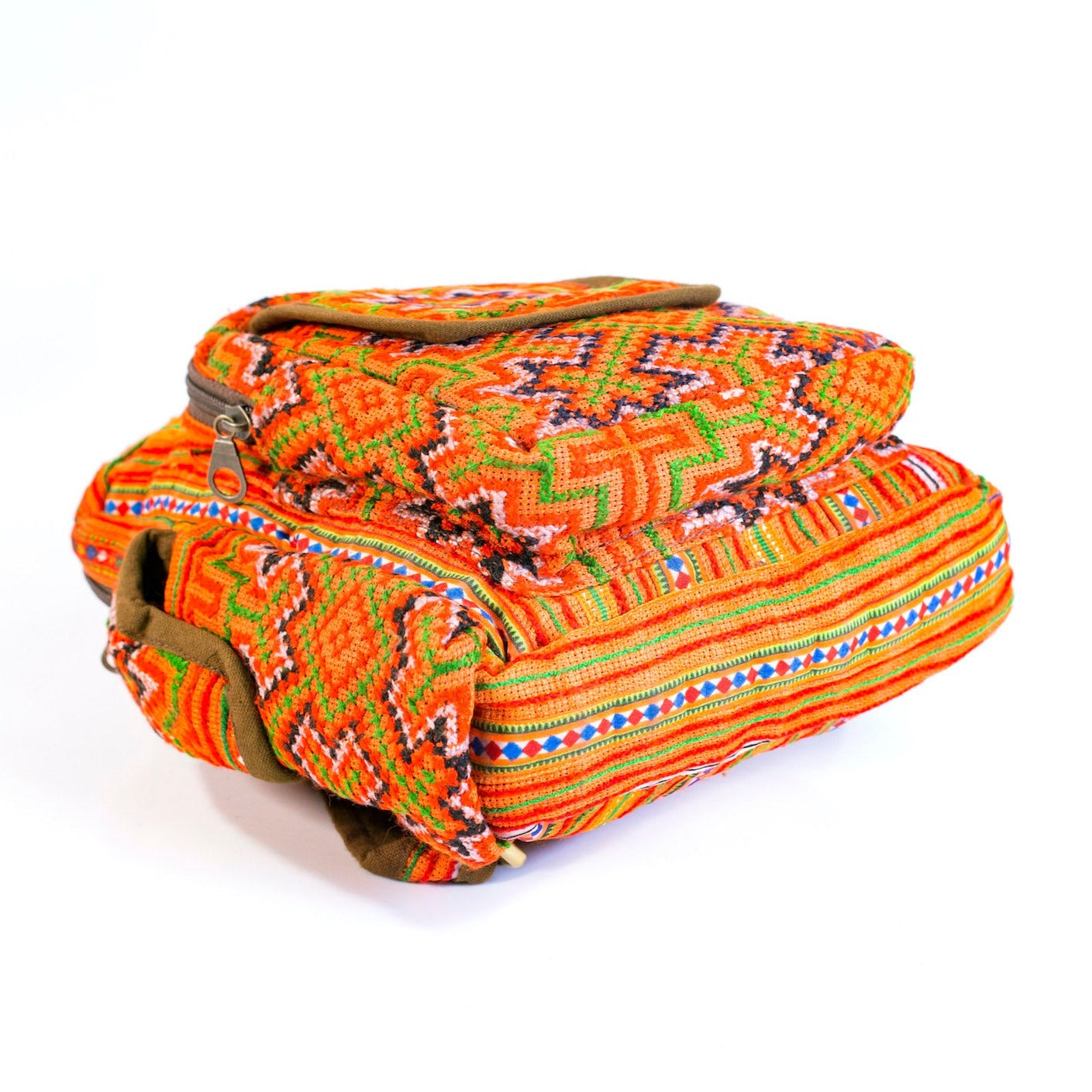 Boho-style linen, embroidery Sling bag, H'mong tribal pattern in ORANGE with brown trim