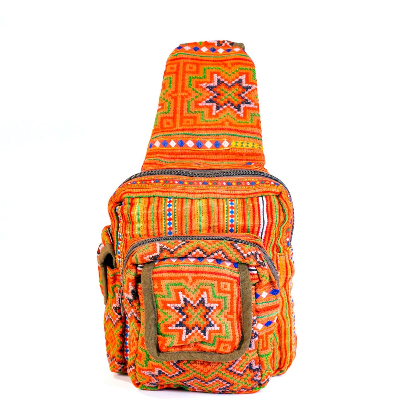 Boho-style linen, embroidery Sling bag, H'mong tribal pattern in ORANGE with brown trim