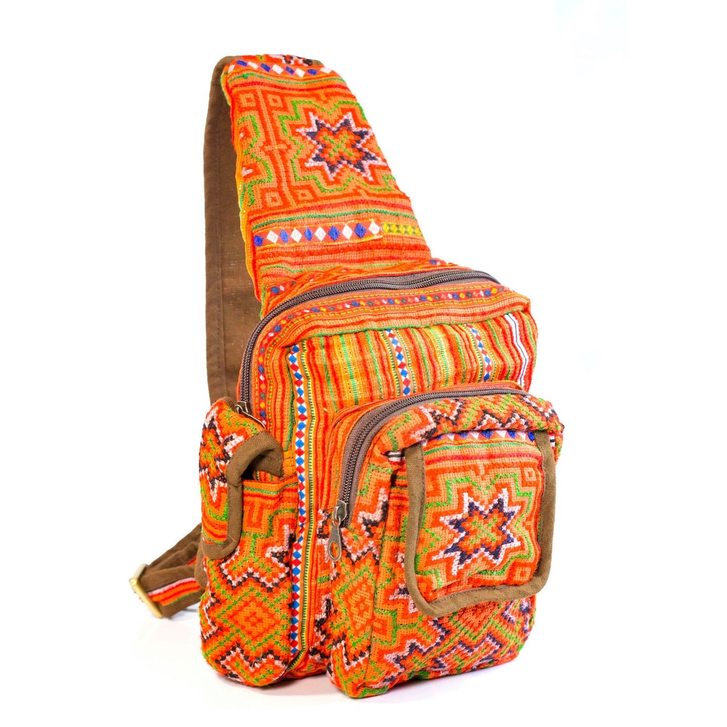 Boho-style linen, embroidery Sling bag, H'mong tribal pattern in ORANGE with brown trim