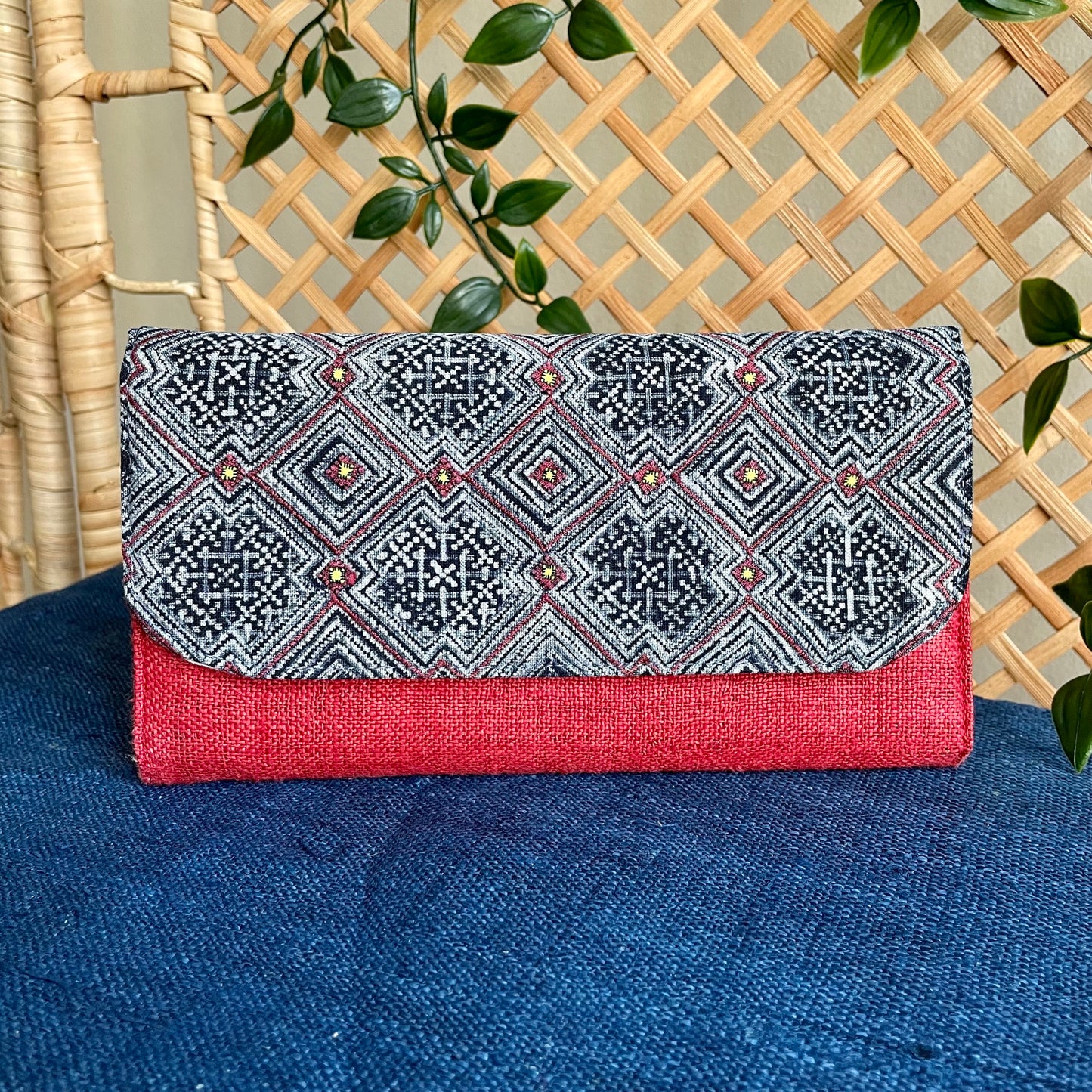 Red long purse, Hemp fabric, Indigo Batik fabric, H'mong pattern