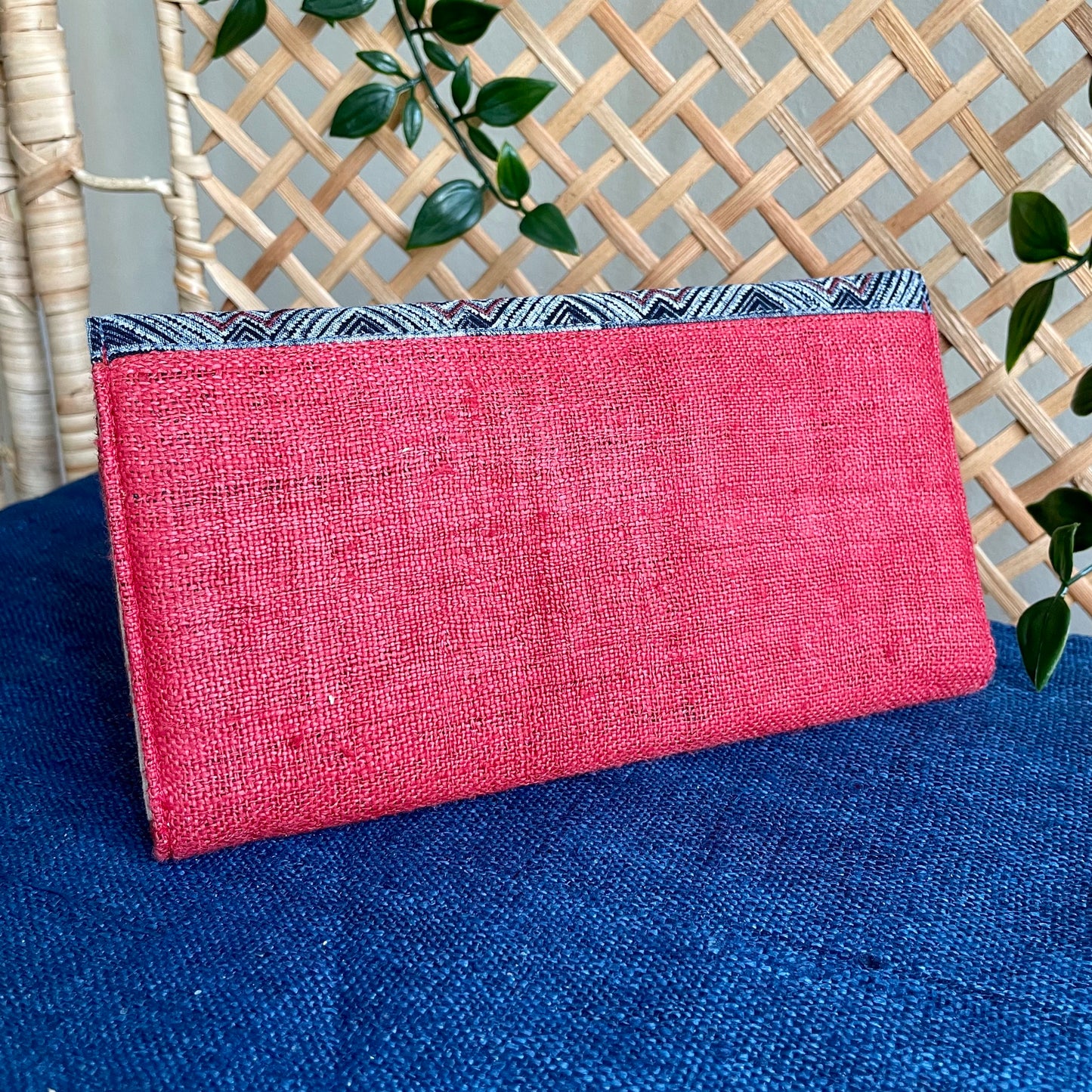 Red long purse, Hemp fabric, Indigo Batik fabric, H'mong pattern