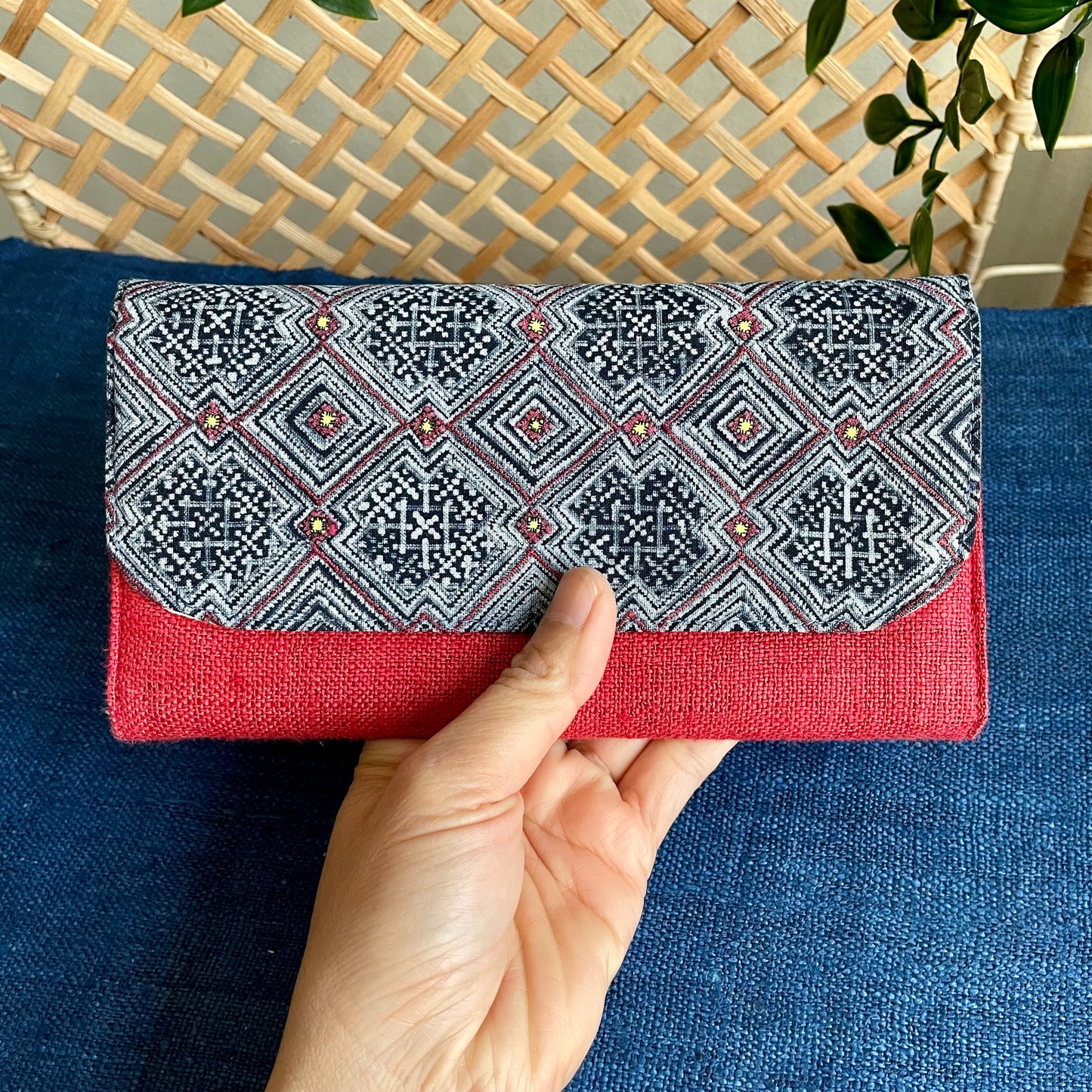 Red long purse, Hemp fabric, Indigo Batik fabric, H'mong pattern