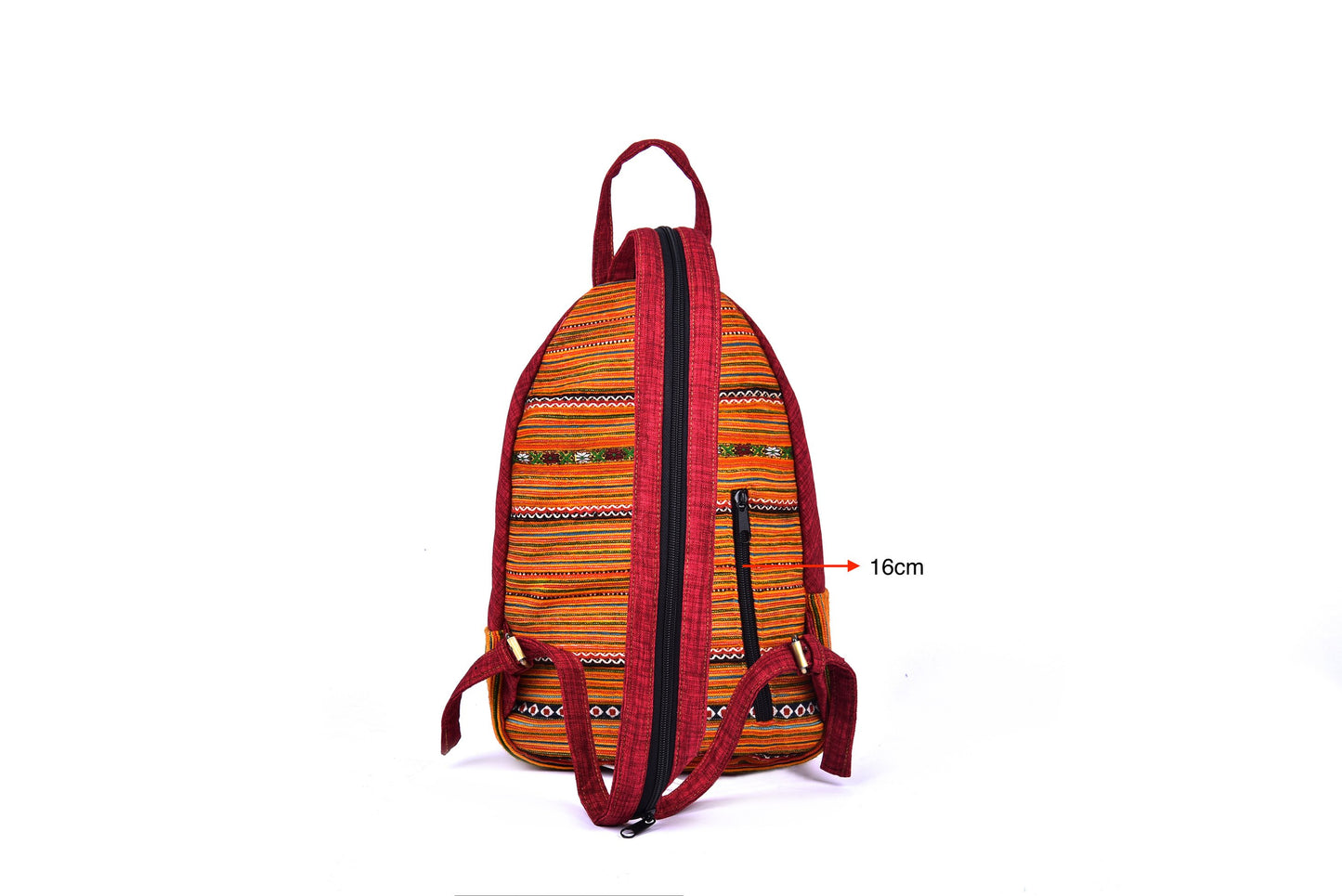 Multi-purpose backpack and sling, red hand-embroidery fabric, blue trim