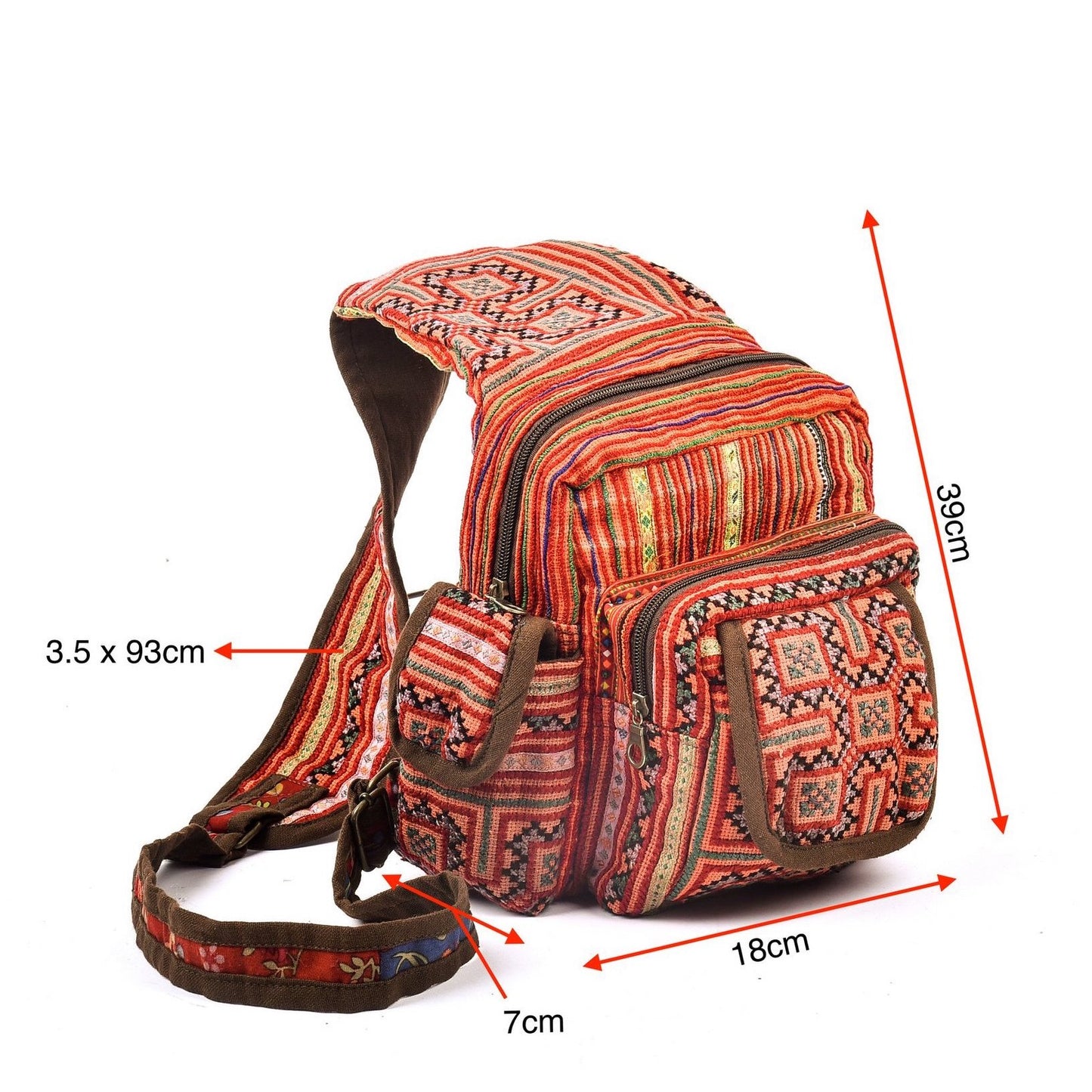 Boho-style linen, embroidery Sling bag, H'mong tribal pattern in RED silk thread