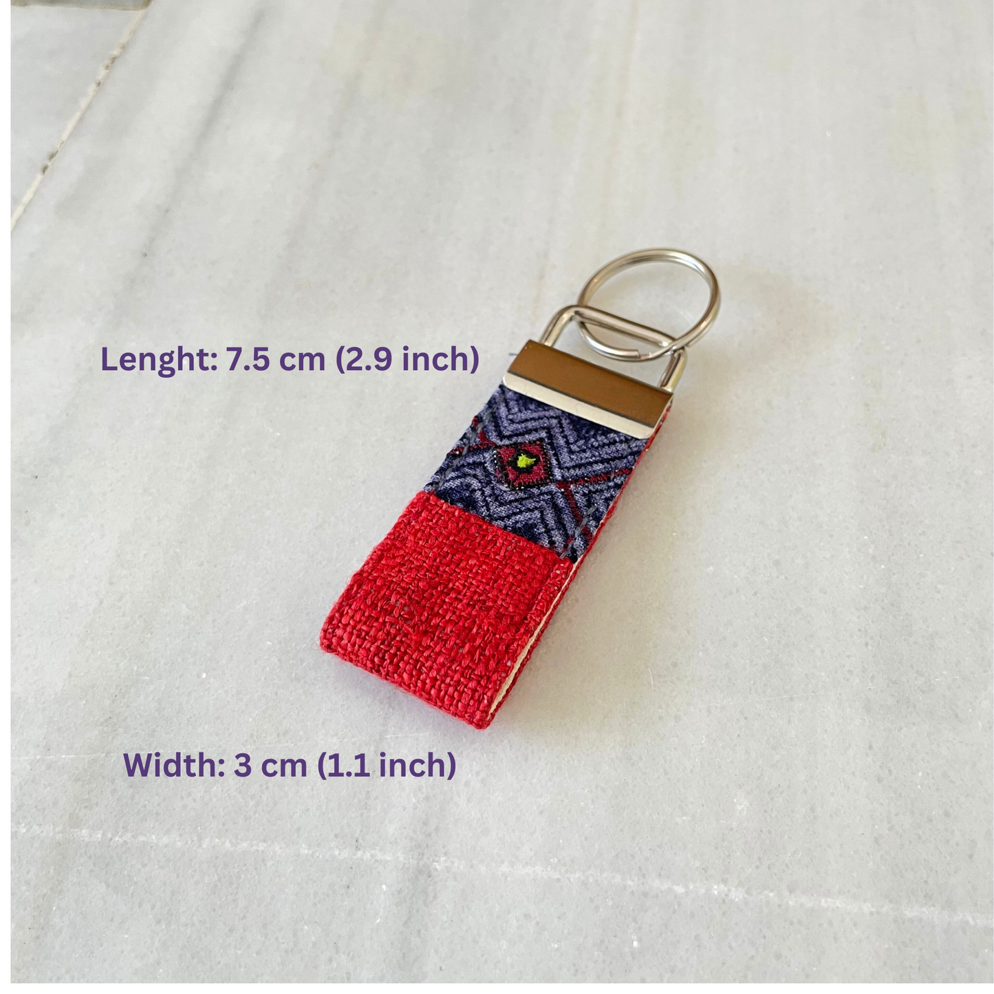 Red hemp fabric keychain with vintage batik patch, stainless metal key fob