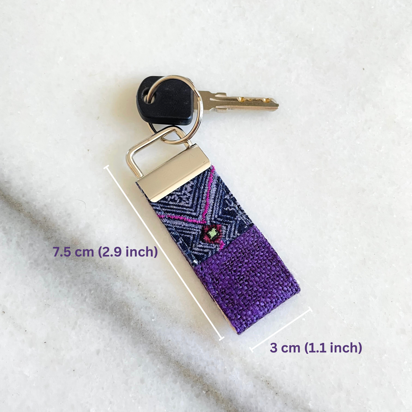 Dark brown hemp fabric keychain with vintage batik patch, stainless metal key fob