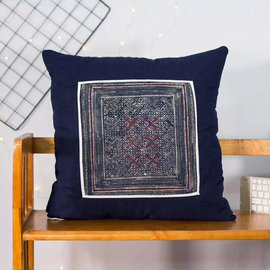 Vindigo cushion cover navy embroidered red center front view