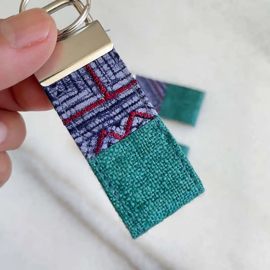 Vindigo keychain turquoise embroidered embroidery detail close-up
