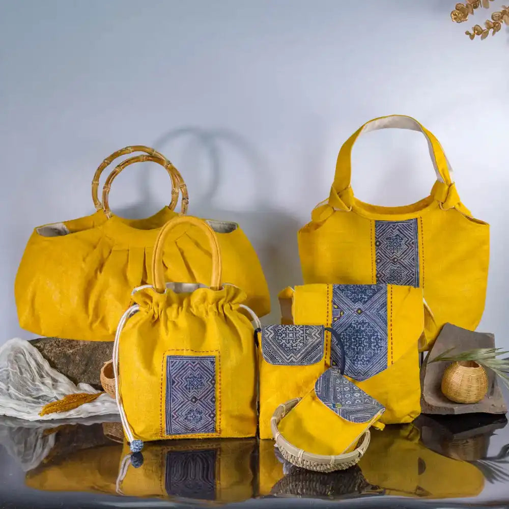 Collection view of yellow hemp crossbody bag with vintage embroidery patch