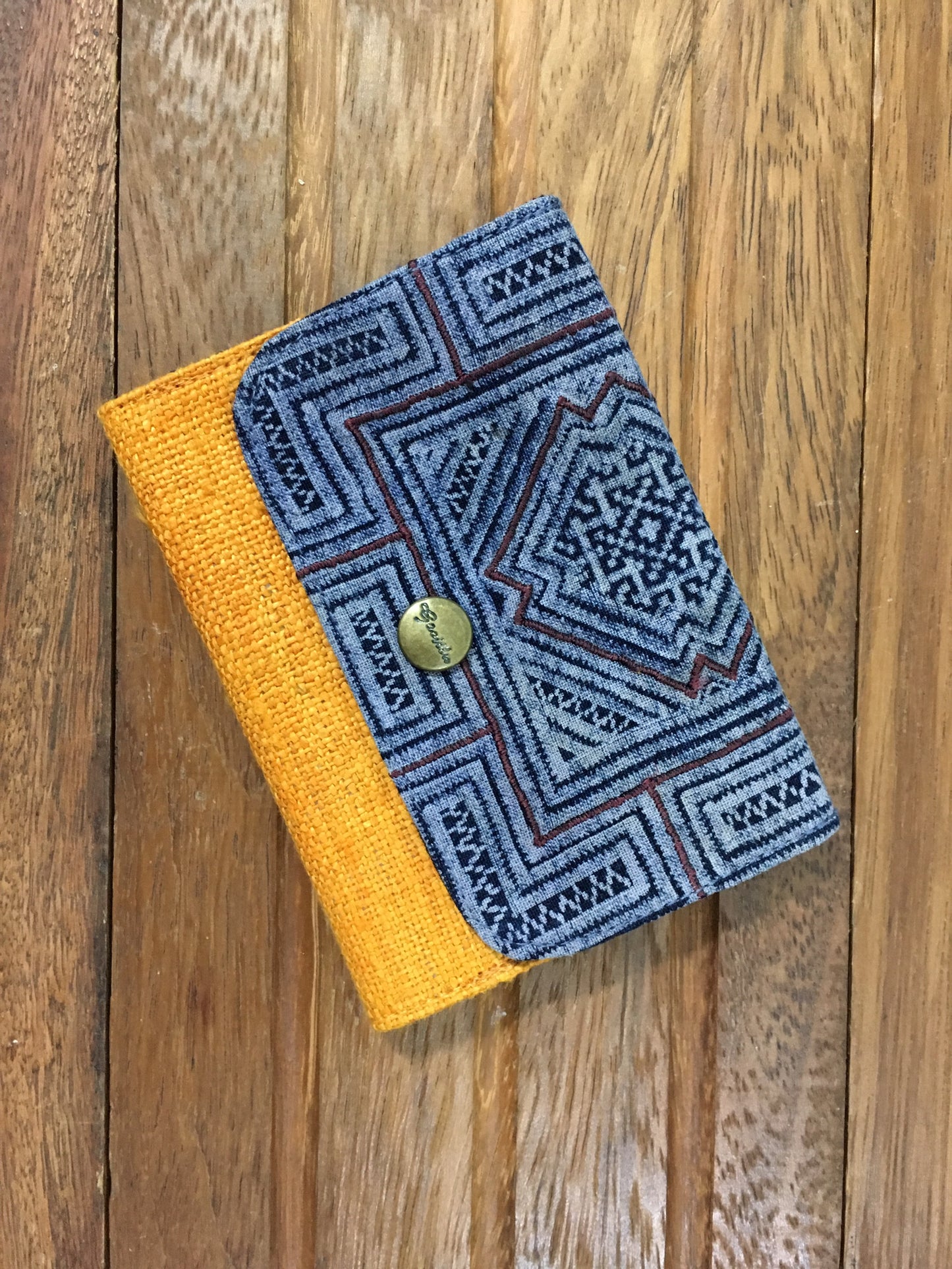 Orange Hemp card holder, Indigo Batik fabric