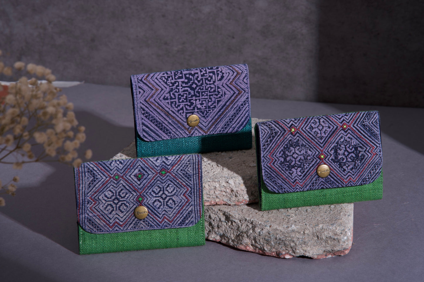 Emerald Green Hemp card holder, Indigo Batik fabric