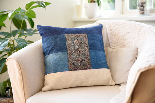 Indigo Hemp Cushion Cover, H'mong batik pattern