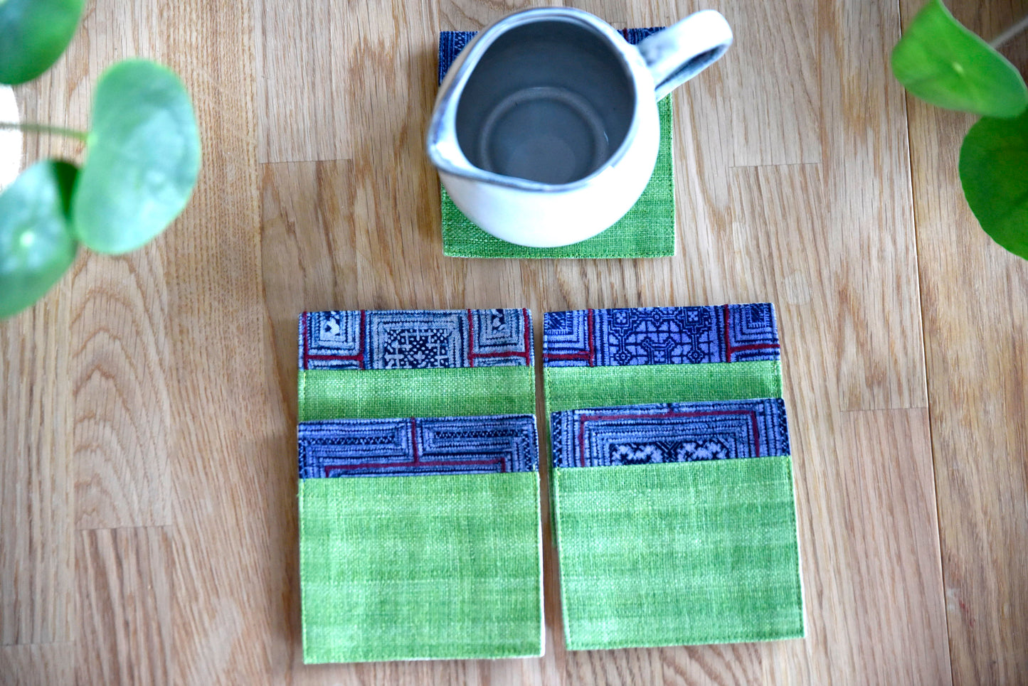 Green hemp coaster, Vintage H'mong fabric, natural-dyed coaster