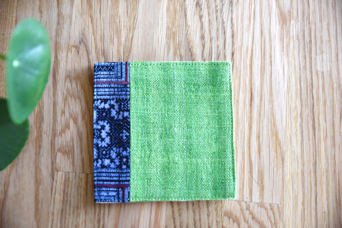 Green hemp coaster, Vintage H'mong fabric, natural-dyed coaster