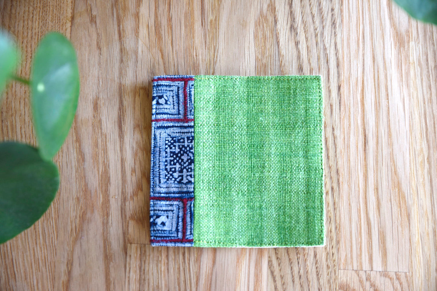 Green hemp coaster, Vintage H'mong fabric, natural-dyed coaster