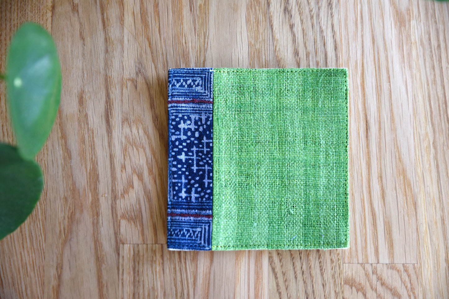 Green hemp coaster, Vintage H'mong fabric, natural-dyed coaster