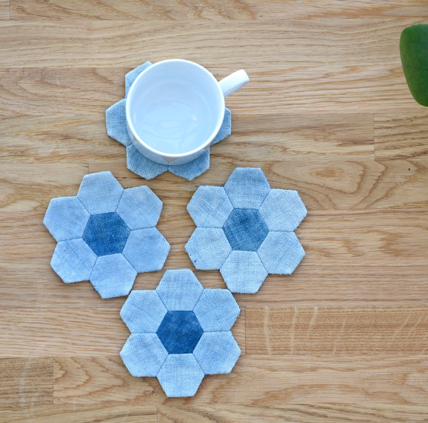 Quilt indigo light blue hemp coaster, plant-based dyed hemp, hand-stitched hexagon coaster