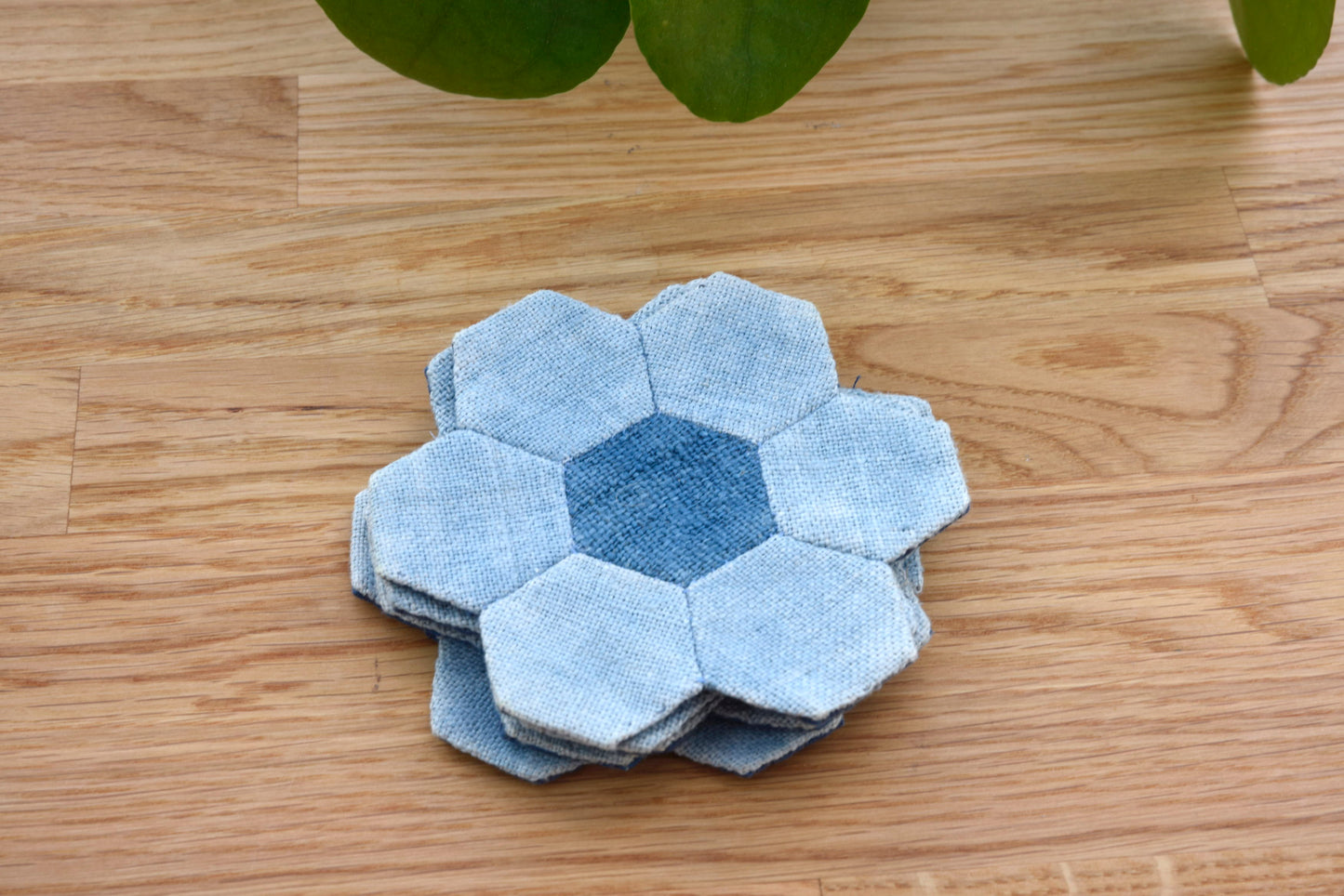 Quilt indigo light blue hemp coaster, plant-based dyed hemp, hand-stitched hexagon coaster