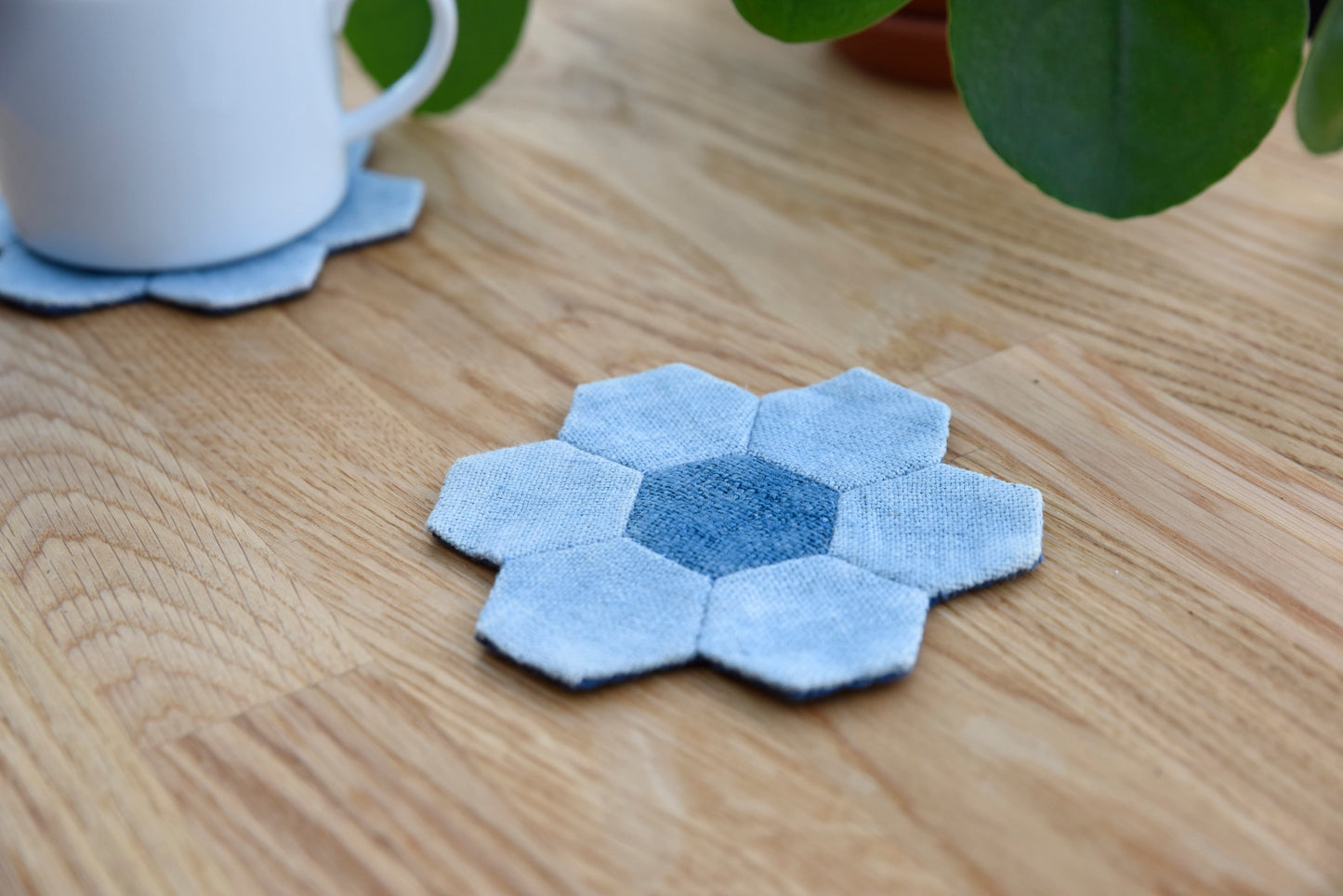 Quilt indigo light blue hemp coaster, plant-based dyed hemp, hand-stitched hexagon coaster