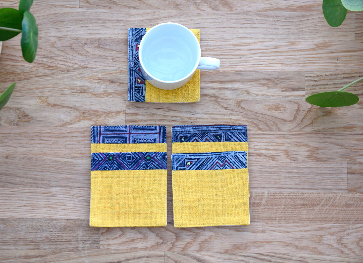 Light Orange hemp coaster, Vintage H'mong fabric, natural-dyed coaster