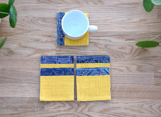 Light Orange hemp coaster, Vintage H'mong fabric, natural-dyed coaster