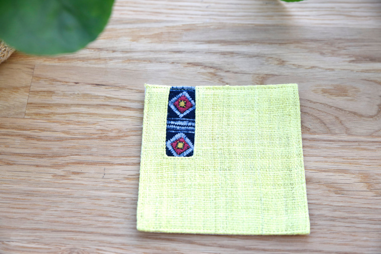 Yellow hemp coaster, Vintage H'mong fabric, natural-dyed coaster