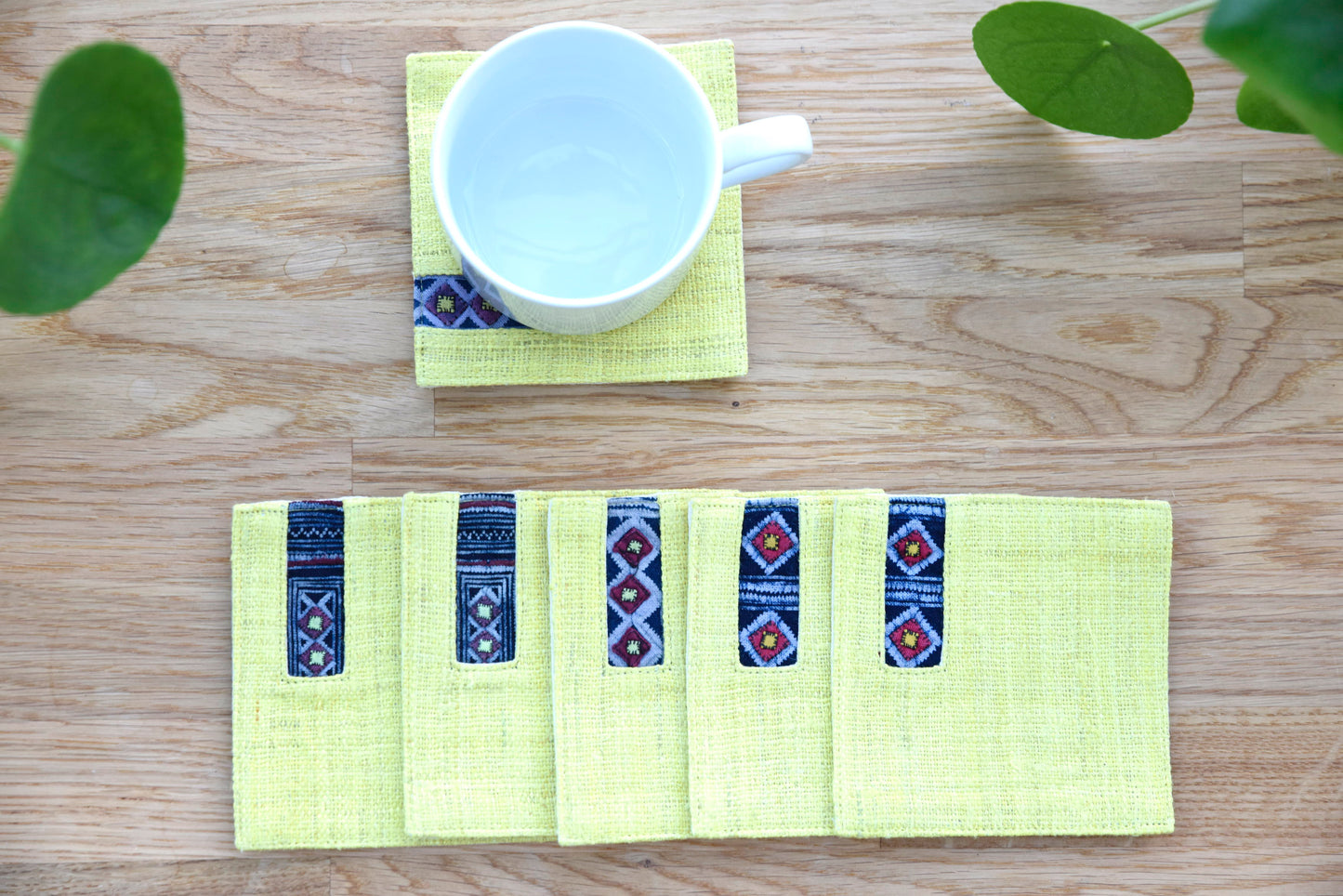 Yellow hemp coaster, Vintage H'mong fabric, natural-dyed coaster