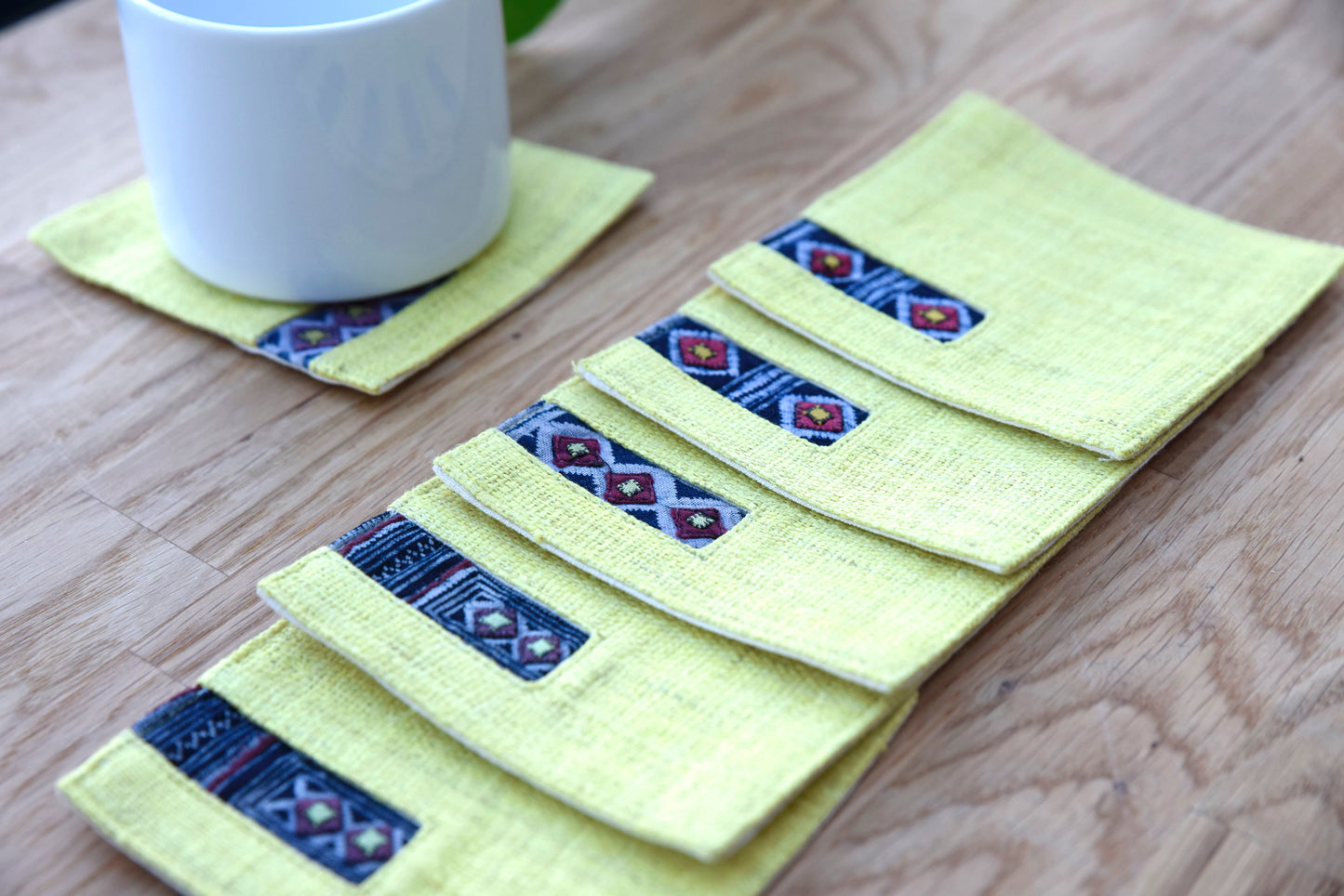 Yellow hemp coaster, Vintage H'mong fabric, natural-dyed coaster