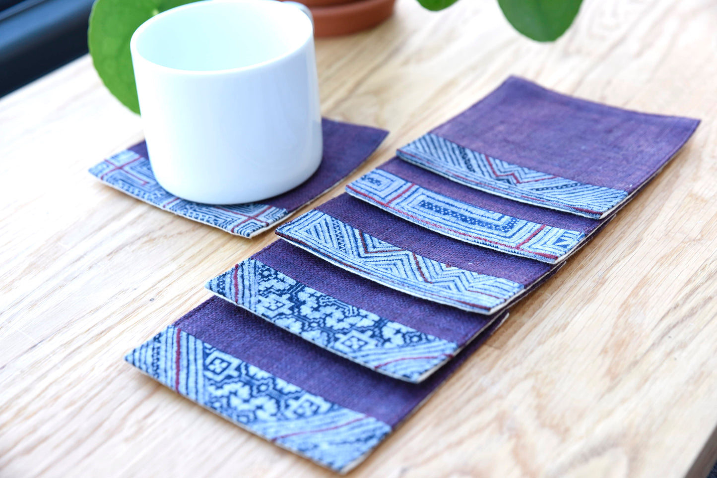 Purple hemp coaster, Vintage H'mong fabric, natural-dyed coaster