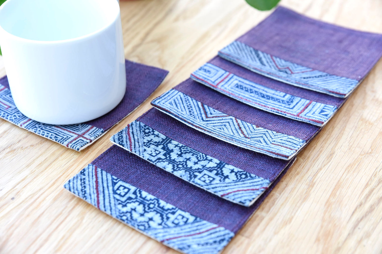 Purple hemp coaster, Vintage H'mong fabric, natural-dyed coaster