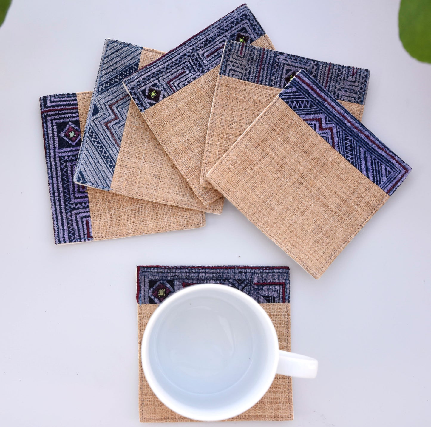 Brown hemp coaster, Vintage H'mong fabric, natural-dyed coaster