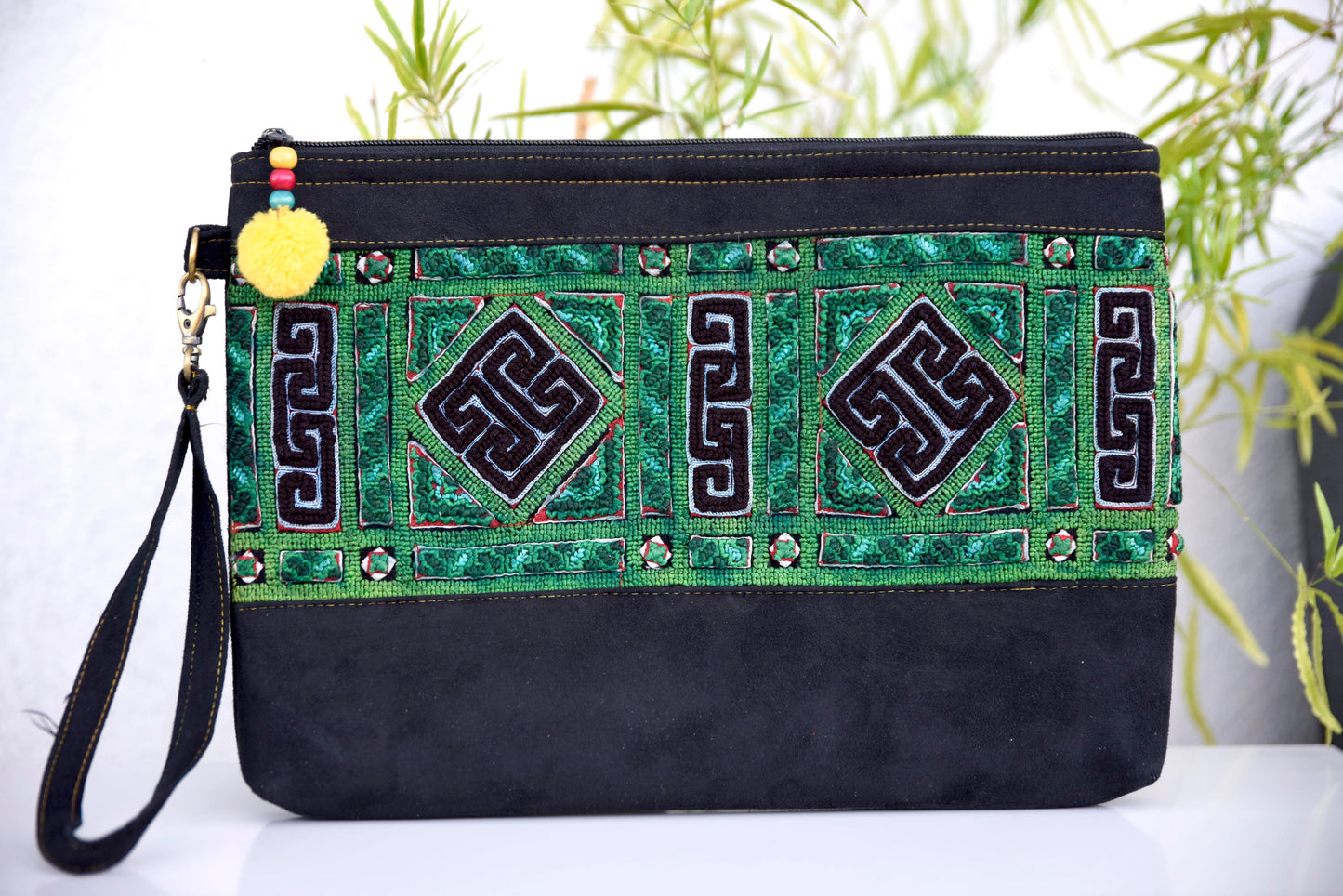 Unique vintage embroidery, luxury rectangle flat faux purse, silk hand-embroidered, tribal pattern