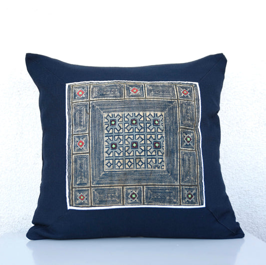 Navy Blue Cushion Cover, H'mong vintage cloth, batik painting pattern