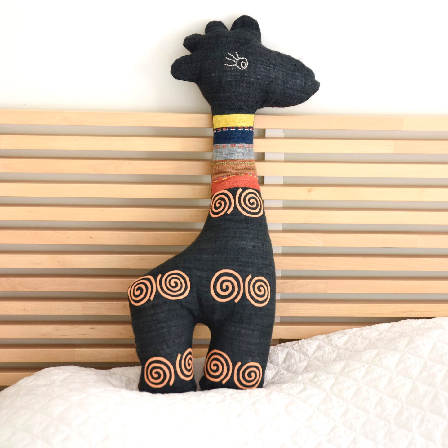 Unique blue cuddly deer stuffed animal, dark indigo blue, natural colored, hand-made from H'mong tribal fabrics