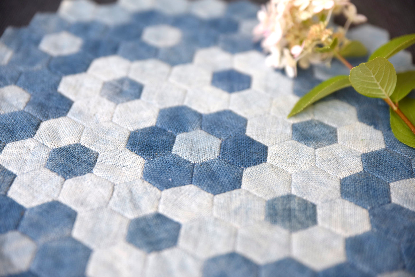 Unique quilted hexagon placemat, hand-stitched, handwoven hemp fabrics, indigo dye