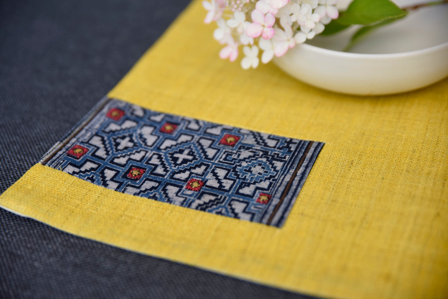 Yellow hemp placemat, vintage batik indigo patch, hand-woven hemp fabrics