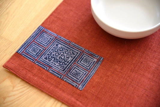 Bordeaux Red hemp placemat, vintage batik indigo patch, hand-woven hemp fabrics