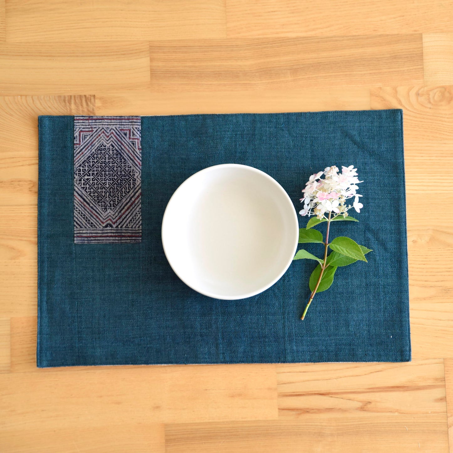 Green hemp placemat, vintage batik indigo patch, hand-woven hemp fabrics