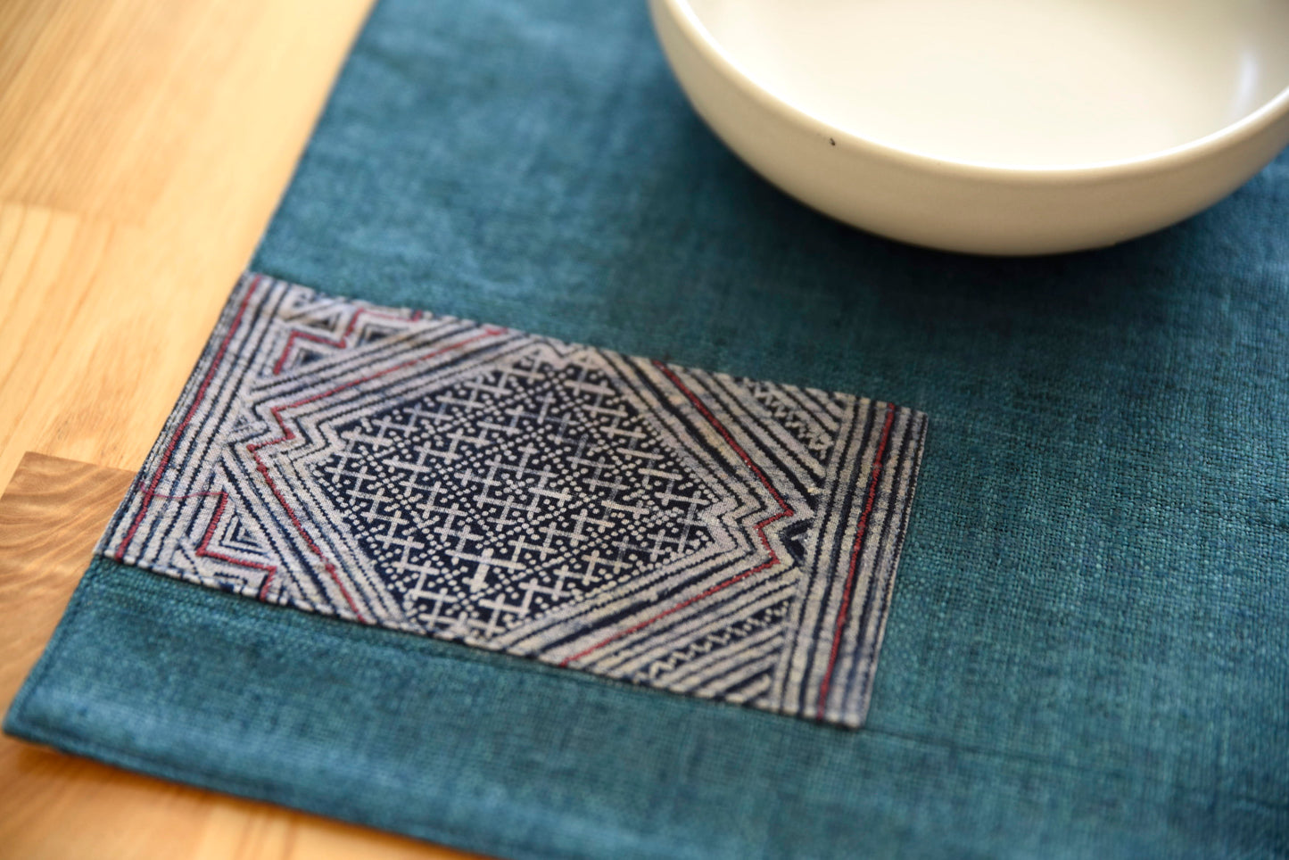 Green hemp placemat, vintage batik indigo patch, hand-woven hemp fabrics