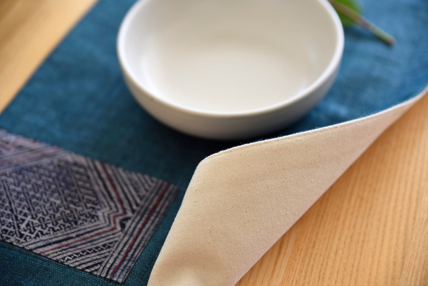 Green hemp placemat, vintage batik indigo patch, hand-woven hemp fabrics