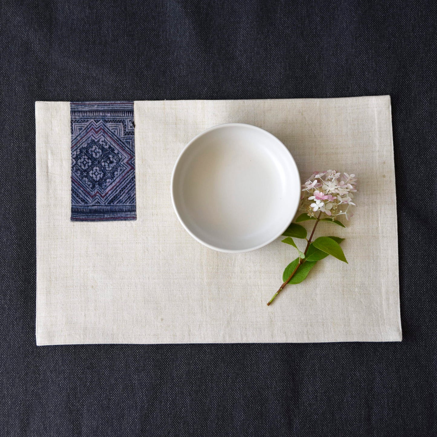 White hemp placemat, vintage batik indigo patch, hand-woven hemp fabrics