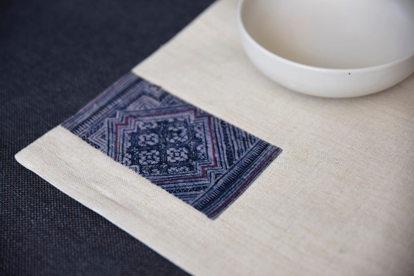 White hemp placemat, vintage batik indigo patch, hand-woven hemp fabrics