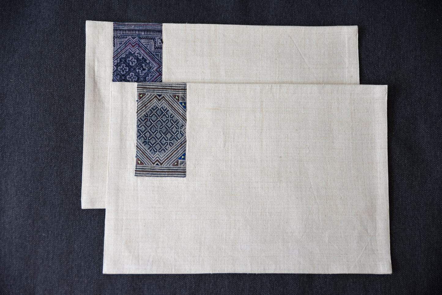 White hemp placemat, vintage batik indigo patch, hand-woven hemp fabrics