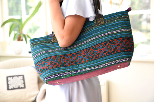 Green Rectangle form bag, hand-embroidered, tribal pattern