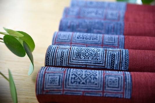 Dark Red hemp placemat, vintage batik indigo patch, hand-woven hemp fabrics