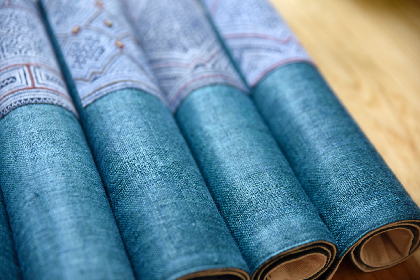 Green hemp placemat, vintage batik indigo patch, hand-woven hemp fabrics