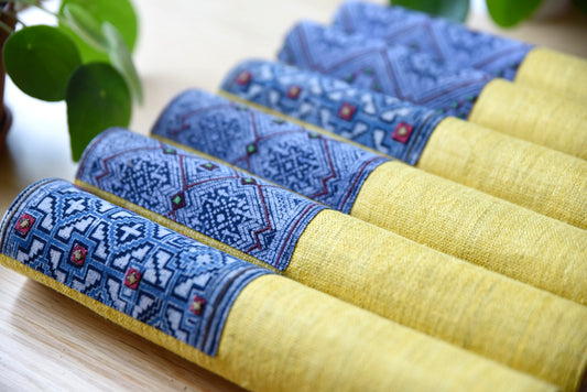 Yellow hemp placemat, vintage batik indigo patch, hand-woven hemp fabrics