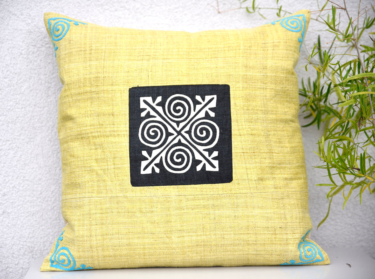 Hemp Yellow Cushion Cover, embroidered corners, black and white hand-embroidered patch